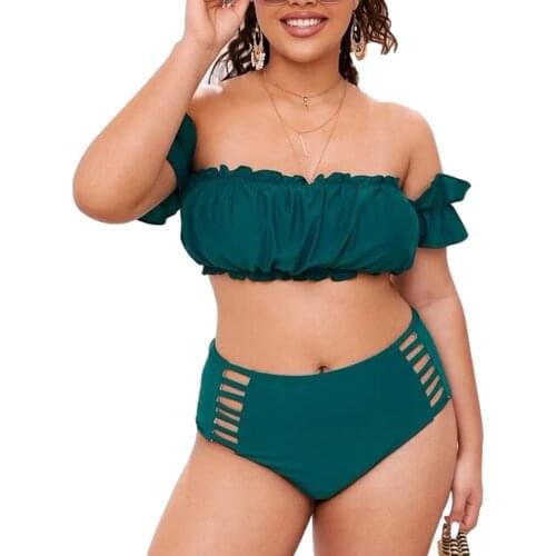 2021 New Women’s Plus-sized 2Pcs Bikini Suit, Ruffled Low Neck Off-shoulder Tops with High Waist Bottoms