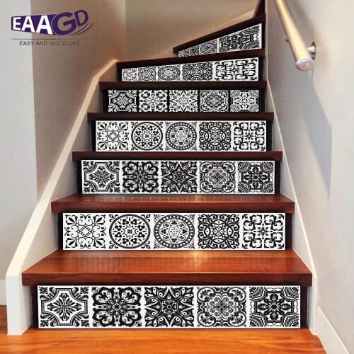 6Pcs/Set Black White Style Tile Wall Stair Stickers Self Adhesive Waterproof PVC DIY Stairway Stickers Home Decoration