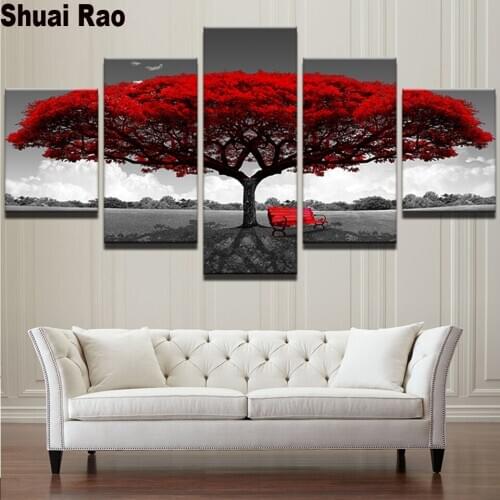 5 piece sale Diamond Painting Embroidery "Red Tree Red Bench Landscape" Cross Stitch Full square round drills living room decor