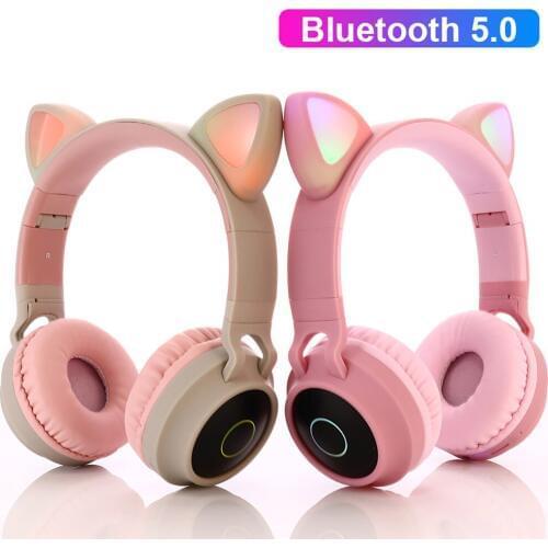 LED Cat Ear Headphones Bluetooth 5.0 Noise Cancelling Adults Kids girl Headset Support TF Card FM Radio With Mic Wireless+Wired