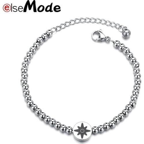 ELSEMODE Lover Custom Name Titanium Steel Charm Compass Shine Beads Bracelets Silver Color for Women Accessories Never Fade