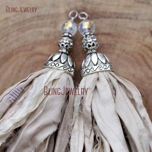 Ivory Sari Silk Tassel Pendant Antique Silver Cap and Big Crystal Ball PM8972