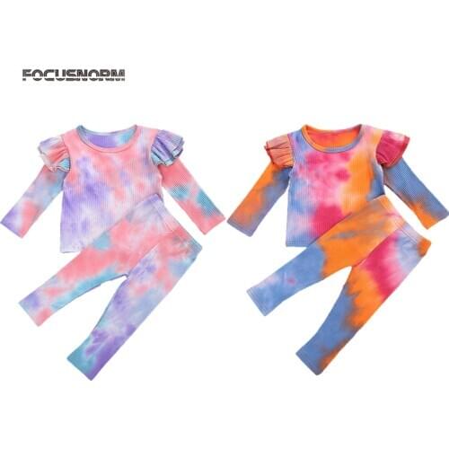 FOCUSNORM 2Pcs Tie-Dye Pajama Sets Outfits Toddler Baby Girls Boys Long Sleeve Pullover Tops Elastic Waist Trousers Pants
