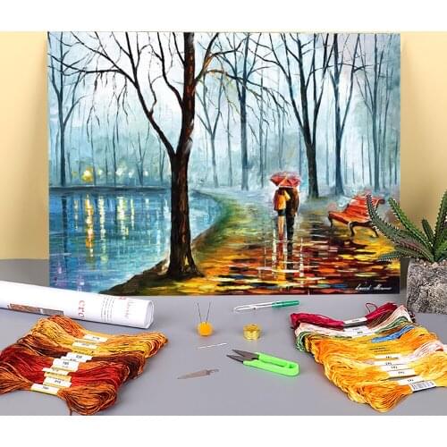 Inside The Rain Printed Water-Soluble Canvas 11CT Cross Stitch Embroidery Full Kit DMC Threads Painting Handmade Promotions