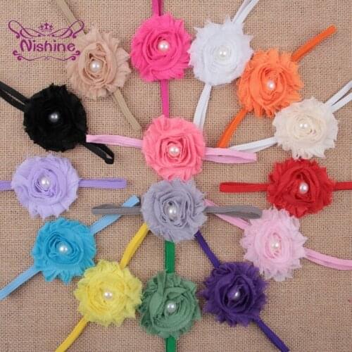 Nishine 6pcs/lot Solid Color Elastic Headband 6 CM Shabby Flower Hairband with Pearl Baby Girls Hair Accessories Infant Gifts