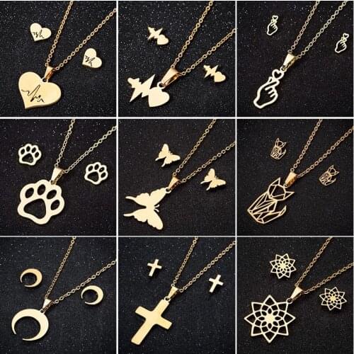 Multiple Stainless Steel Cross Heart Necklaces Women Gold Jewelry Sets Simple Butterfly Cat Moon Earrings Flower Wholesale