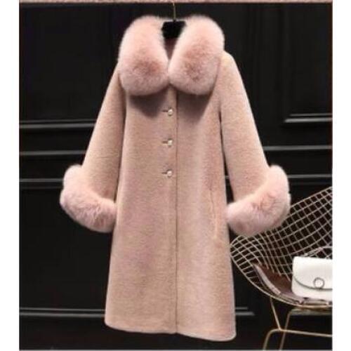Autumn Luxury fake Fox Fur Collar Women Jacket Real Wool Fur Coats Long Warm Sheep Shearling Winter Coat Jacket