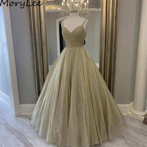 Prom Dresses Spaghetti Straps Floor Length A-Line Glitter Tulle Pleated Prom Dresses Zipper Back vestidos de fiesta de noche