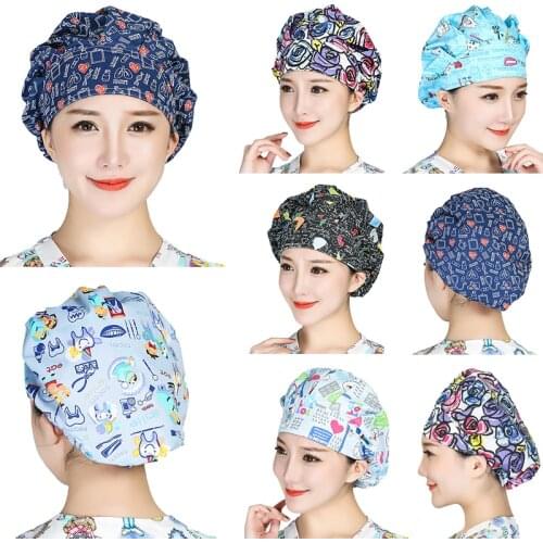 Scrubs Caps Printed Sweatband Bouffant Hats Sanitary Nursing Working Hats Women Pet Shop Beauty Salon Washable Hats Accessories