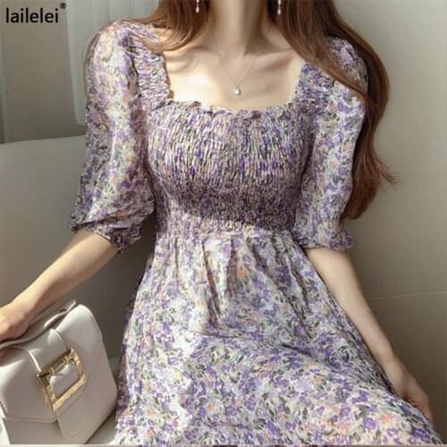 Party led smoked bubble balloon sleeve smoke plait falbala small broken flower chiffon long dress