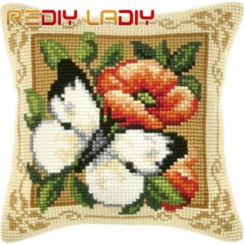 Cross Stitch Cushion Butterfly Flowers Make Your Own Pillow Chunky Cross Stitch Kits Pre-Printed Canvas Acrylic Yarn Pillow Case
