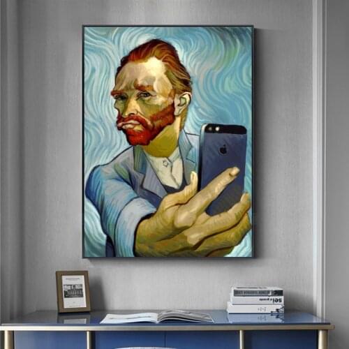 Funny Art Van Gogh Selfie By Phone Canvas Paintings on The Wall Art Posters and Prints Abstract Portrait of Van Gogh Pictures