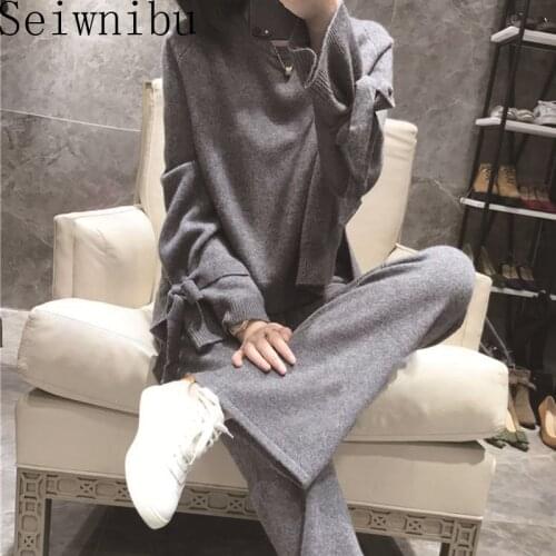 2019 Full Bow Womens Cashmere Set Round Leader Tie Knitwear And Wide Leg Pants Two-piece Loose Lazy Thick Warm
