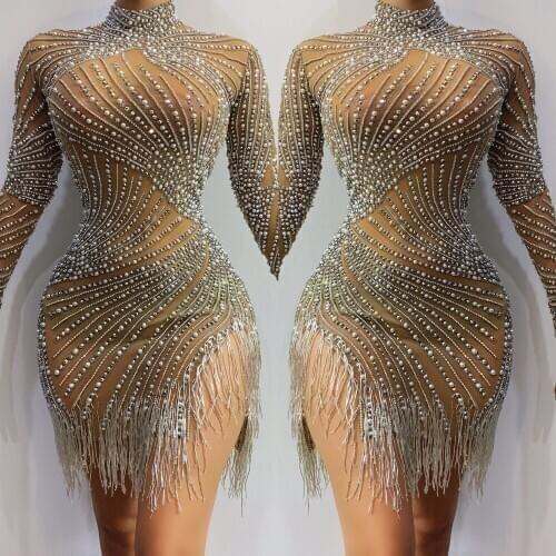 Women sexy costume sparkly diamond Pearl dress dance nude Fringe long sleeve Tightshort dress customes