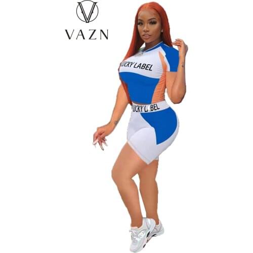 VAZN 2021 Hot Lucky label Set Soft Free Casual Regular Tracksuits Short Sleeve Top Knee Length Skinny Women 2 Piece Set