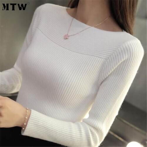 Women Sweater 2020 Autumn Winter Knitted Long Sleeve Slash Neck Pullover Tops Casual Korean Slim Office Jumper