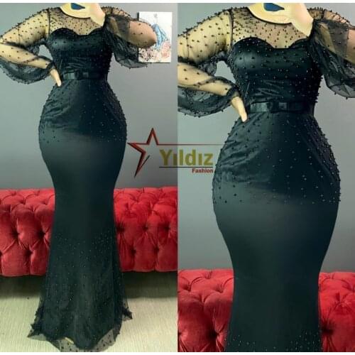 Elegant Long Mermaid Beaded Prom Dresses with Sleeves Zipper Back Robe De Soiree Floor Length Formal Party Dresses for Women