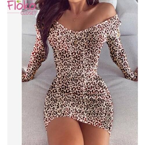 Flokocloset Sexy V-Neck Slim Leopard Print Long Sleeve Bodycon Dress Autumn Party Club Mini Dress for Women