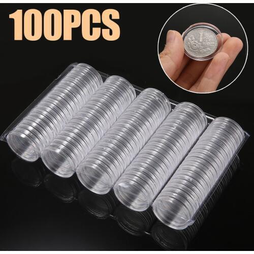 100pcs 27mm Coin Capsules Round Holder Box Case Container Plastic Coins Storage Organizer Box for Coin Collection Supplies