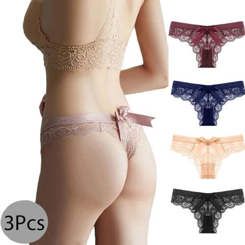 3Pcs Womens Tanga Cotton Panties Bow Underwear Briefs Female Sexy lingeries Transparent Underpant Girls Thong Panties For Women