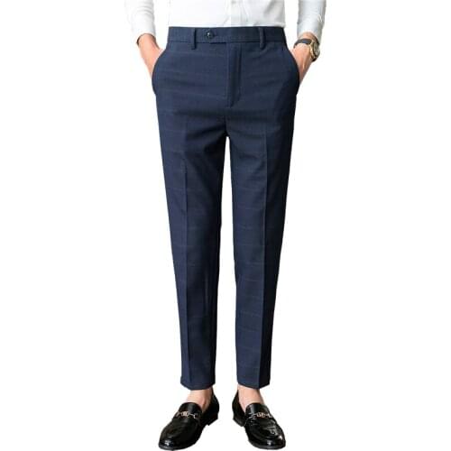 Autumn/Winter New Navy Plaid Trousers Men Gray Blue Mens Stripe Suit Pants High Quality Size 28-36 Pantalones Hombre