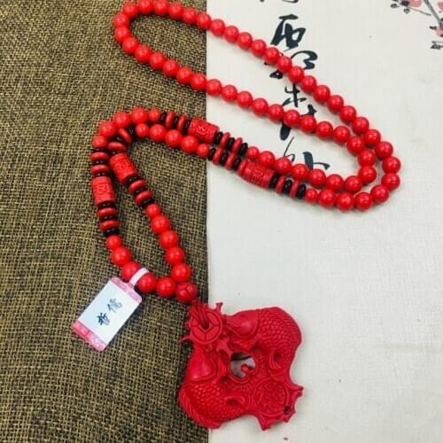 Zheru natural carved ore cinnabar red hollow fish pendant with multicolor bead necklace men and women sweater chain