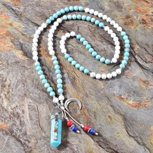 Black Onyx Labradorite Howlite Transparent quartz Pendant 108 Japamala Necklace Bohemian Long Necklace Yoga Jewelry