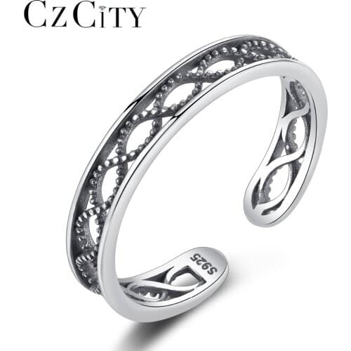 CZCITY 2018 Pure 925 Sterling Silver Geometric Adjustable Rings For Women Vintage Hollow Design Open Ring Fine Jewelry Wholesale