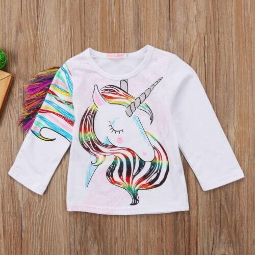 Pudcoco Kids Girls Summer Long Sleeve 3D Unicorn Tops T-shirt Cartoon Long Sleeve Casual Cotton Clothes Costume Tee Outift 1-6Y