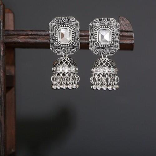 Ethnic Womens White Crystal Earrings Turkey Bijoux Classic Vintage Bollywood Silver Color Earrings Blue Wedding Jewelry