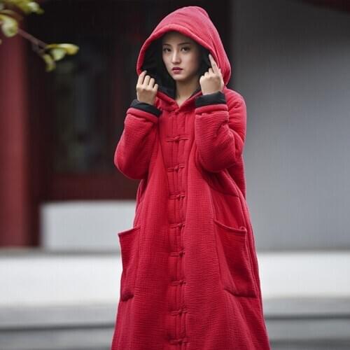 Cotton Winter Female Long Hoodie Trench Coat Folk Style Cotton Padded Warm Jacket Traditional Chinese Style Coat Female 11703