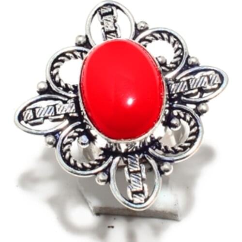 Genuine Coral Ring Silver Overlay over Copper , Hand Made Women Jewelry gift , R6522, Size: 5.75