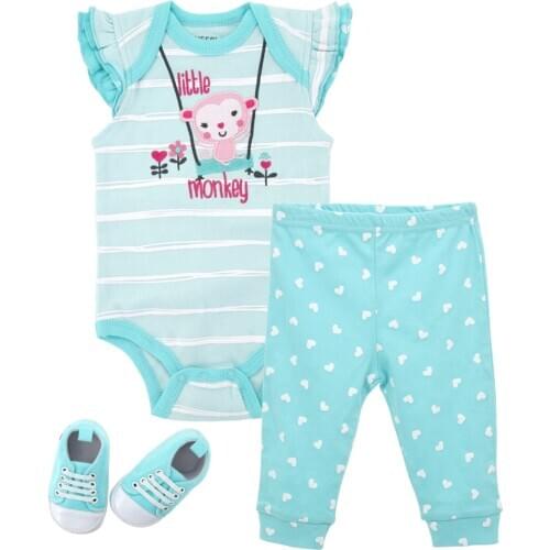 KAVKAS Newborn Baby Girl Clothes Set Summer Cartoon Print Bodysuit+Pants+Shoes 0-12 Months Infant Clothing