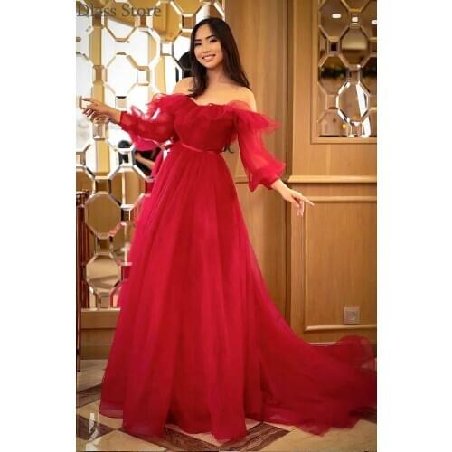 Wine Red Quinceanera Dresses Off Shoulder Long Sleeves V-neck A-line Sweep Train Simple Ruffel Evening Dress sukienki wizytowe