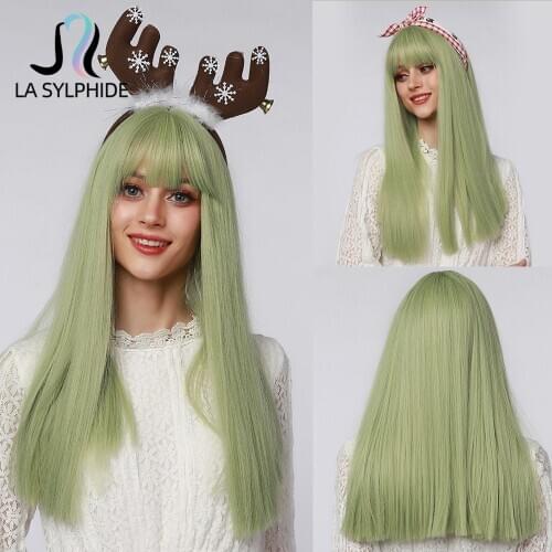 La Sylphide Cosplay Party Wig Long Straight Light Green Hair Wigs with Bangs for Women Synthetic Wigs Heat Resistant Fiber