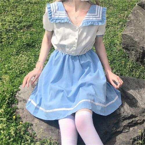 Summer Sweet Preppy Style Dress Women Japanese Cute Sailor Collar Patchwork Party Dresses Girly Kawaii Princess Vestidos