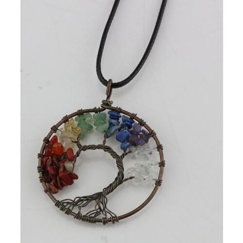 Fashion Antique Copper Round Pendant Necklaces Women Rainbow 7 Chakra Tree Of Life Natural Stone Crystal Choker Necklace Gift