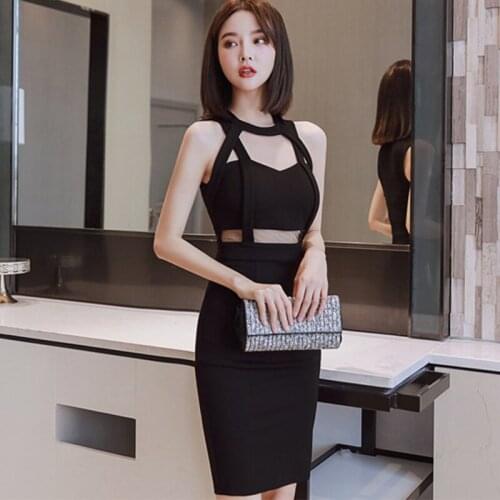 New arrival fashion summer midi holiday dress women OL elastic sexy strap hollow bandage party club black slim bodycon dress