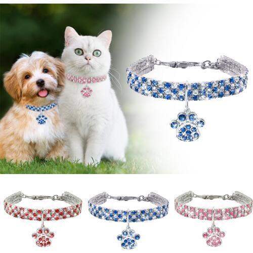 Dog Collar Pet Crystal Necklace Cat Rhinestone Dog Paw Pendant Necklace Puppy Basic Collar Princess Style Pet accessories D30