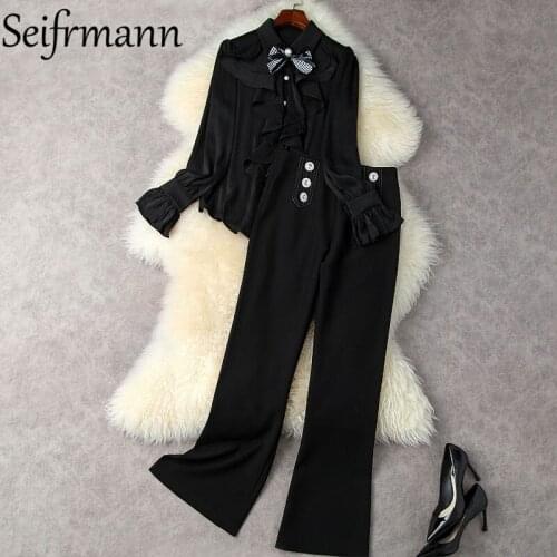 Seifrmann New 2021 New 2021 Autumn Women Fashion Designer Pants Set Flare Sleeve Bow Ruffles Blouses + Wide Leg Long Pants Suits
