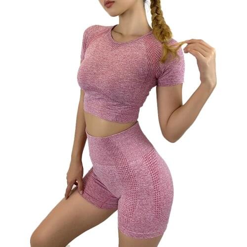 Running Training Sports Shirts Tops For Women Energy Seamless Fitness Shorts Summer Solid Color Yoga Sports Suit Gym Clothing