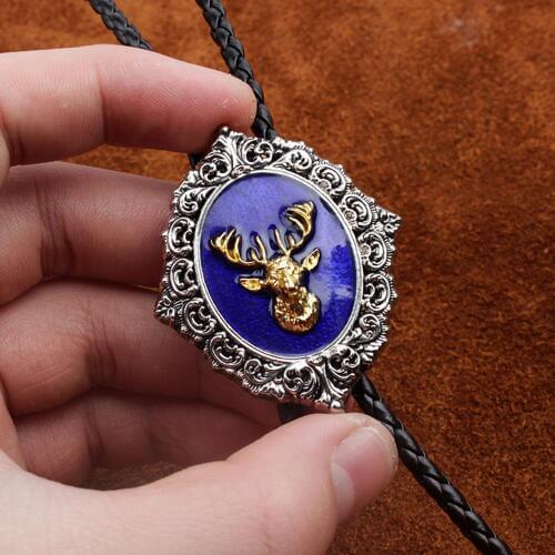 Vintage Western Cowboy Mens BOLO Tie Slide Clip Gold Elk Head PU Leather Rope