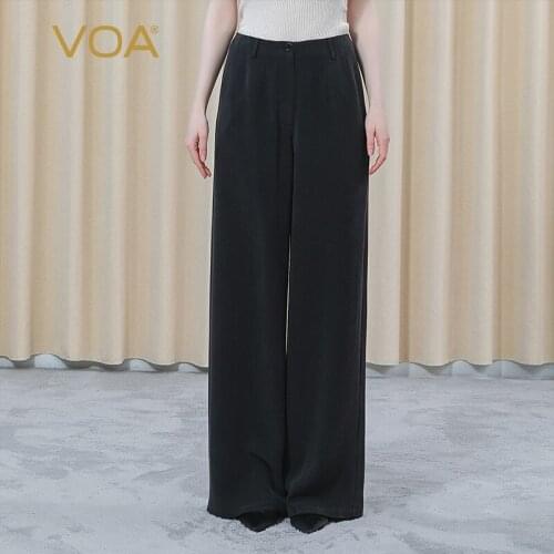 VOA 30m/m Silk Heavy Black Pants Women Natural Waist Button Zipper Pocket Loose Temperament OL Wind Straight Trousers KE380