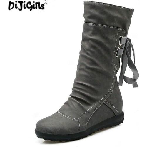 DIJIGIRLS Women Winter Snow Boots Mid-Calf Solid Flats Winter PU Boots Women Warm Plush Boots Ladies Boots Plus Size 34-43