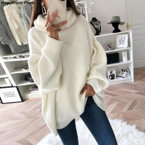 2020 Women Oversize Basic Knitted Sweater Female Solid Turtleneck Collar Pullovers Warm Autumn Winter Sweater
