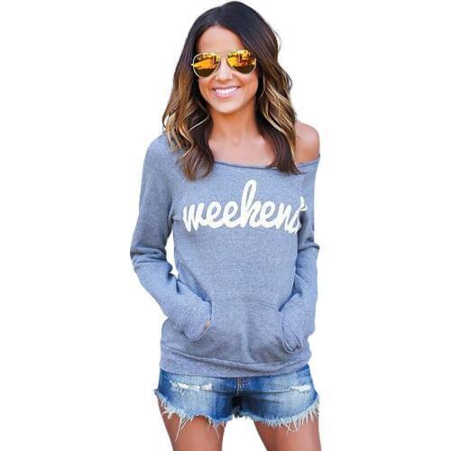 NORA TWIPS New Autumn and Winter Solid Color Printing Letter Weekend Pullovers Slash Neck Long Sleeve Sweatshirt Women Clothing