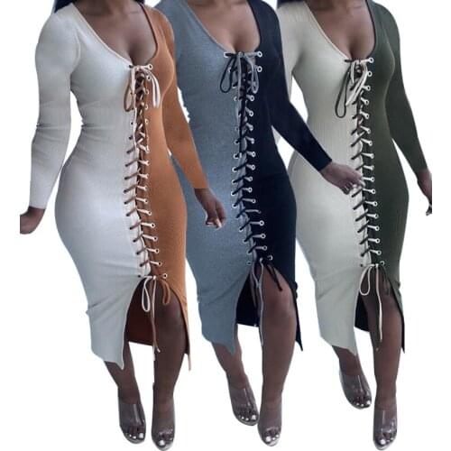 Formal Womens Clothing Patchwork Color Long Sleeve Dress Bandage Hollow Out Split Autumn Overalls Knitted Lace Up Bodycon