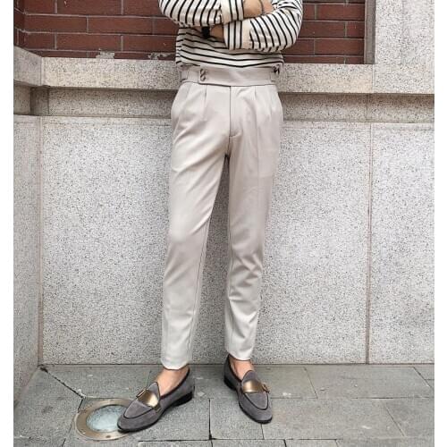 British Paris 2020 Buckle Design High Waist Pant Men Exquisite Light Luxury Versatile Casual Pants Fashion Solid Color Trousers