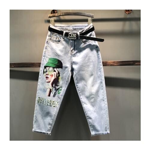European Loose Jeans Women Summer New Denim Jeans Womens Printed Letters Hot Drilling Harem Pants Denim Pants Femme Plus Size