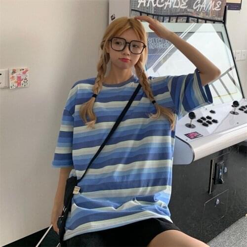 Korean Fashion Colorblock Stripe Blue Short-Sleeved t-Shirt Women Oversized Top Alt Harajuku Gothic Vintage Tee Grunge Clothes